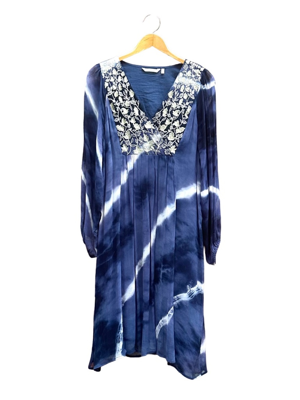 Soft Surroundings Navy Blue Tie Dye Dress Metallic Embroidered Leaves XL